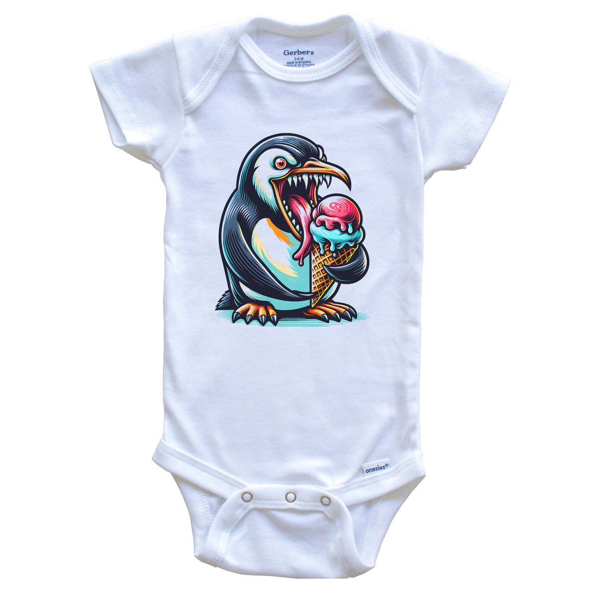 Penguin Eating Ice Cream Funny Cartoon Summer Baby Bodysuit