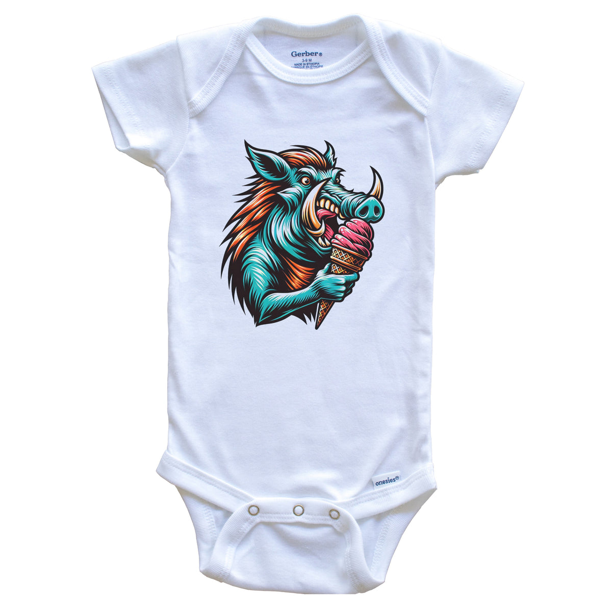 Warthog Eating Ice Cream Funny Cartoon Summer Wild Hog Baby Bodysuit