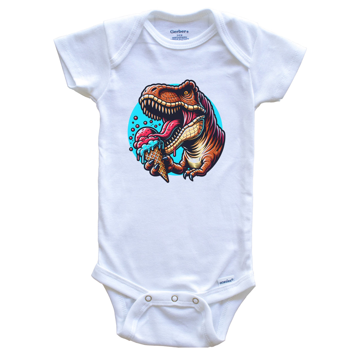 T-Rex Eating Ice Cream Funny Cartoon Summer Dinosaur Baby Bodysuit
