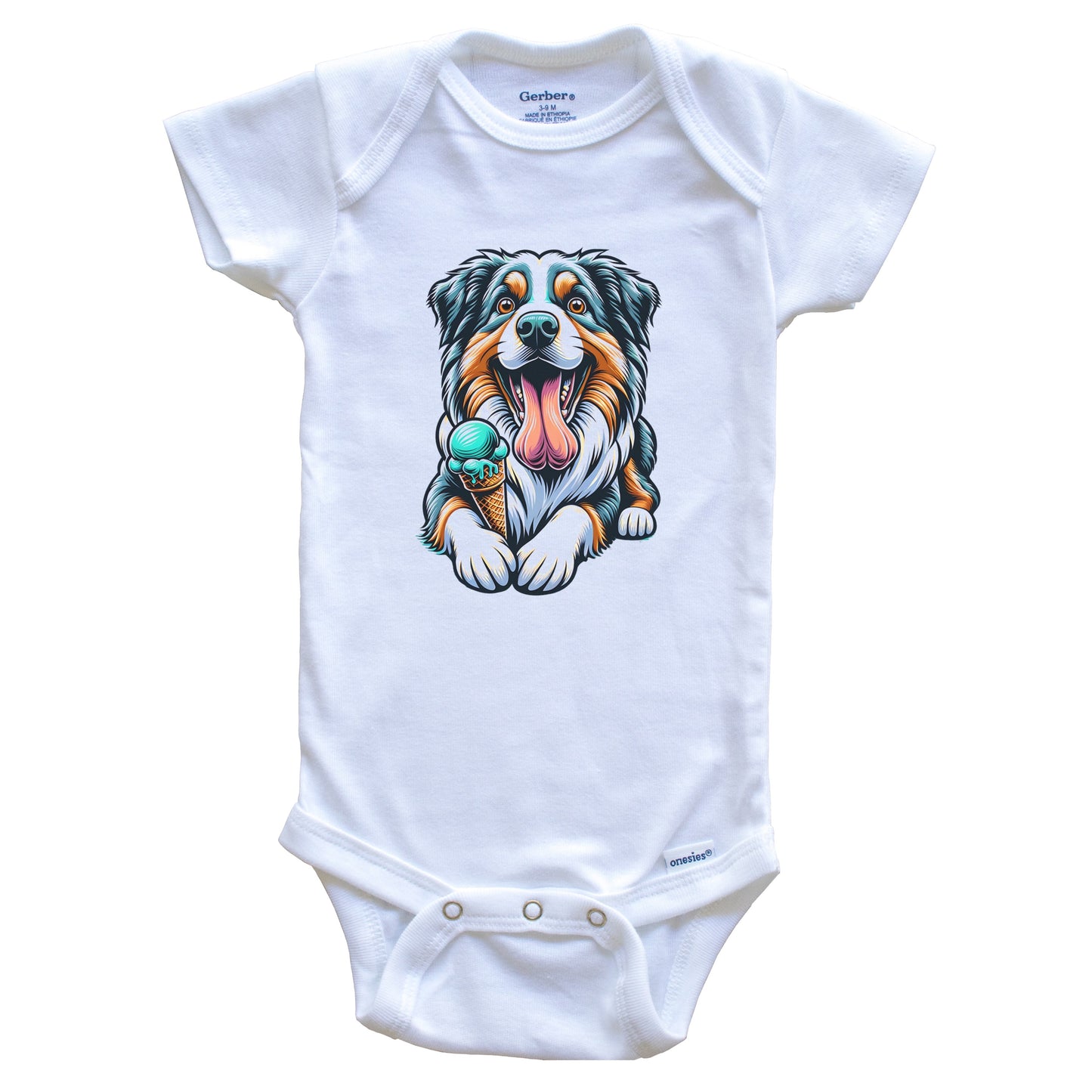 Australian Shepherd Eating Ice Cream Cone Cute Dog Baby Bodysuit