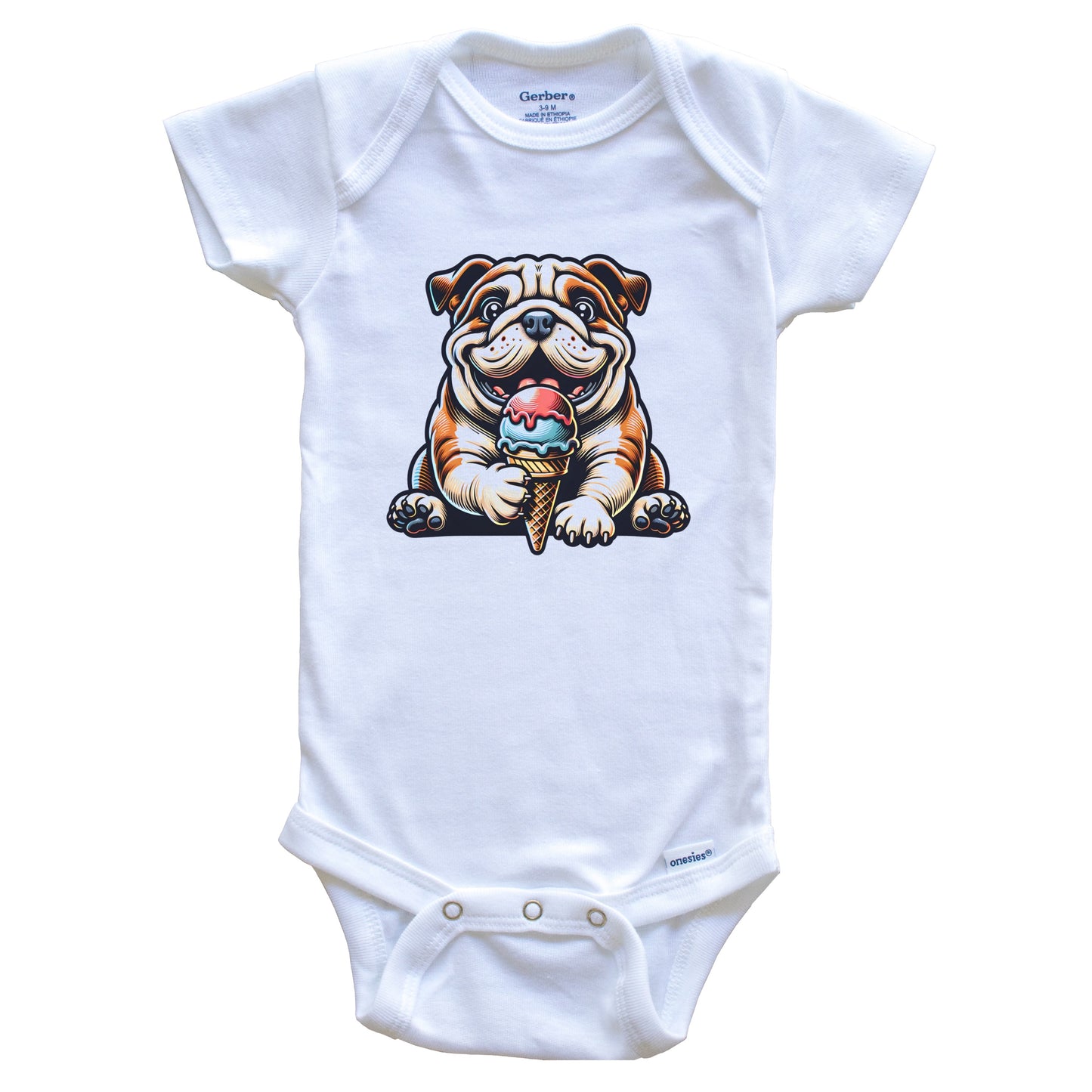 English Bulldog Eating Ice Cream Cone Cute Dog Baby Bodysuit