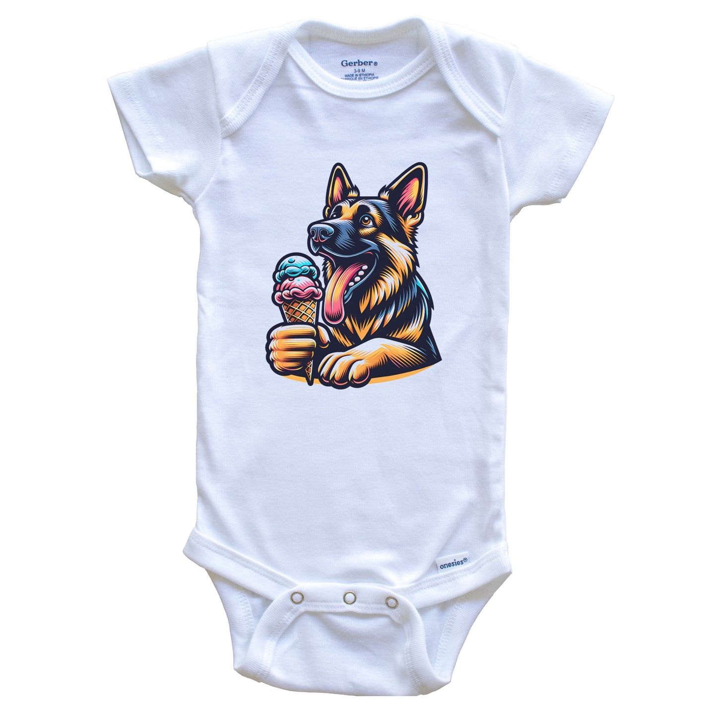 German Shepherd Eating Ice Cream Cone Cute Dog Baby Bodysuit