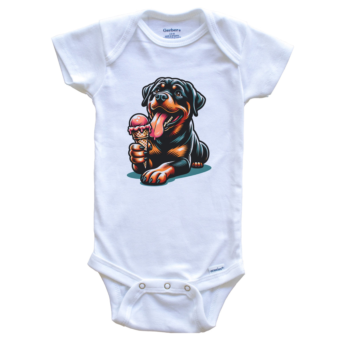 Rottweiler Eating Ice Cream Cone Cute Dog Baby Bodysuit