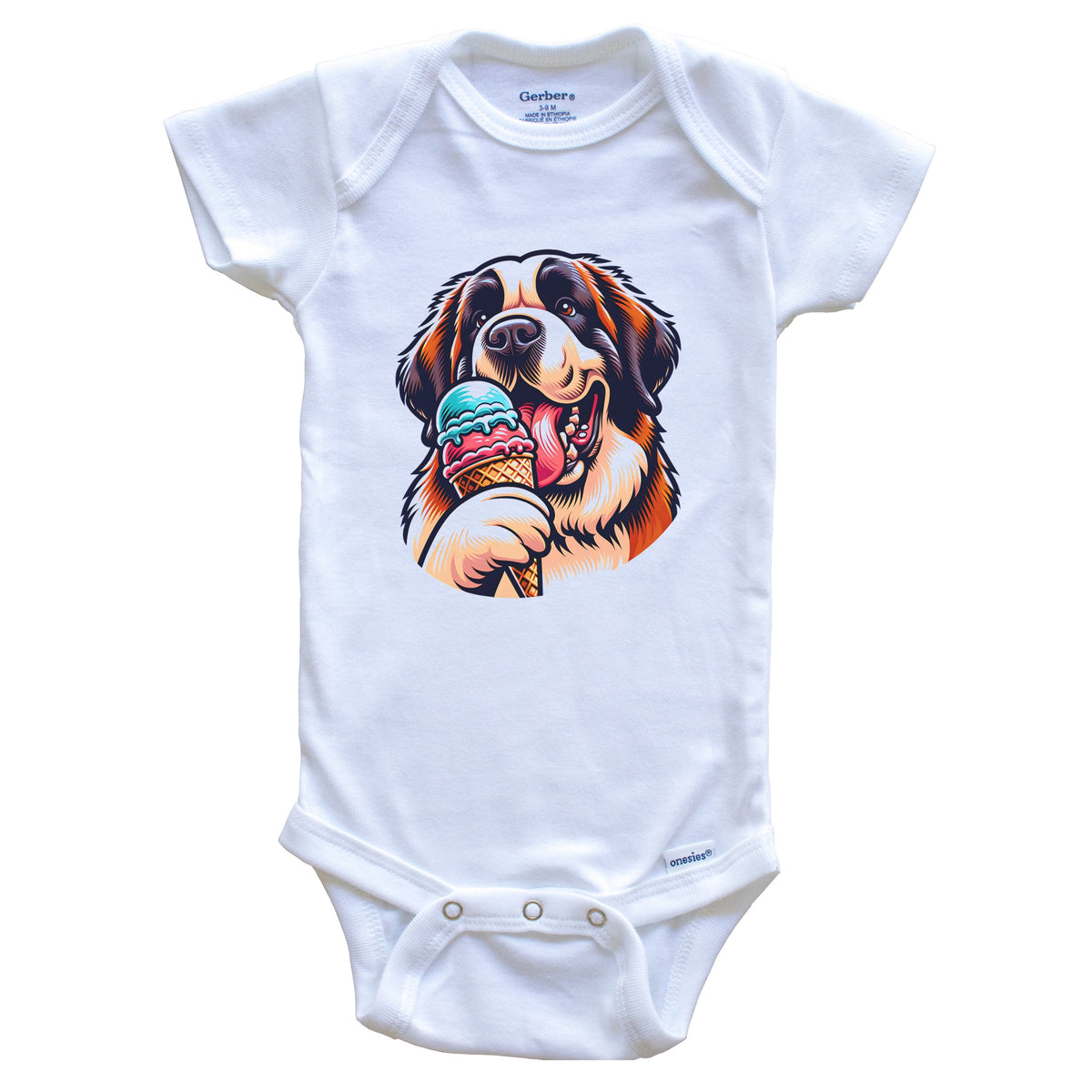 Saint Bernard Eating Ice Cream Cone Cute Dog Baby Bodysuit