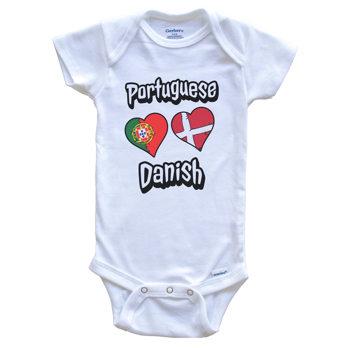 Portuguese Danish Flag Heart Combo Portugal Denmark Baby Bodysuit