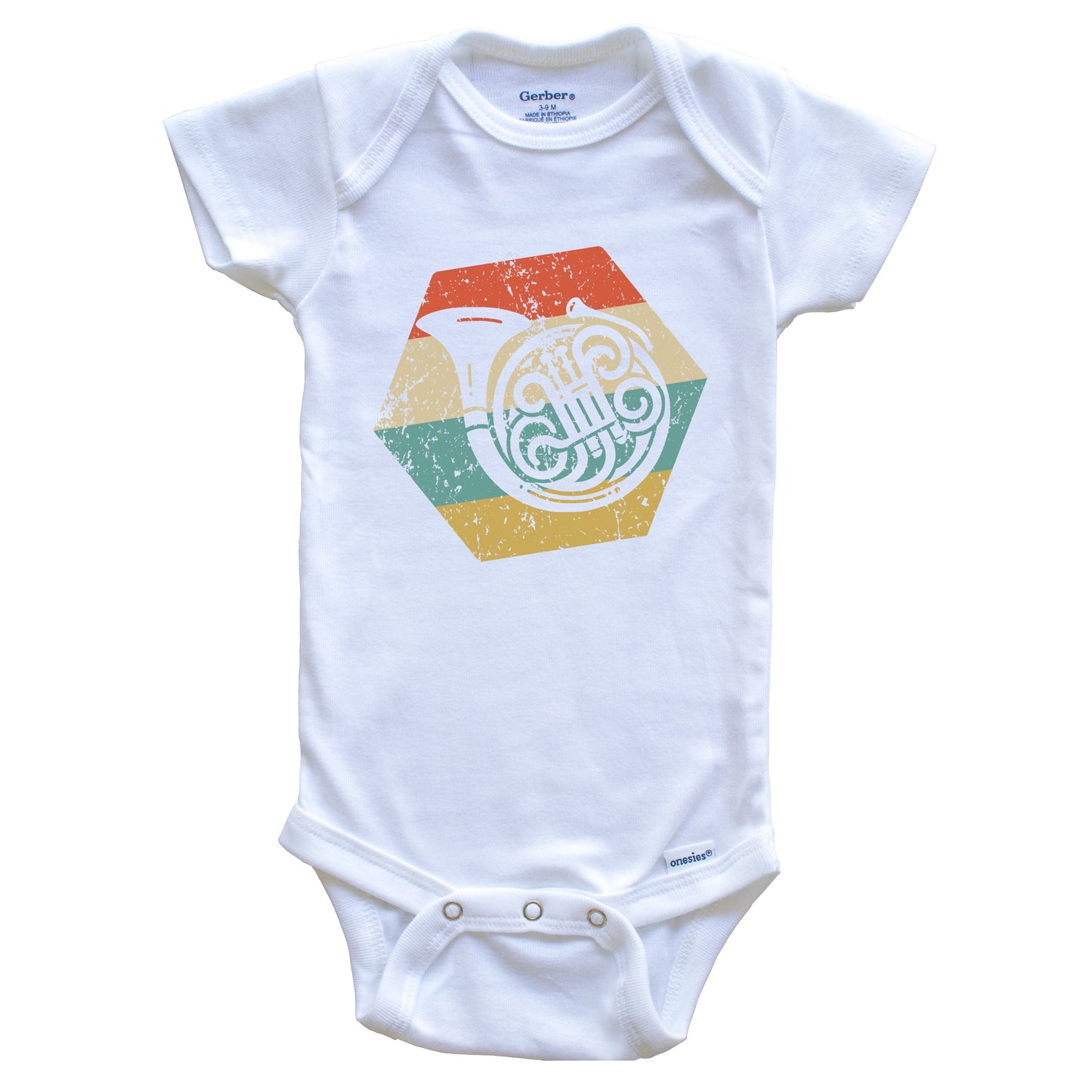 French Horn Retro Distressed Hexagon Musical Instrument Baby Bodysuit
