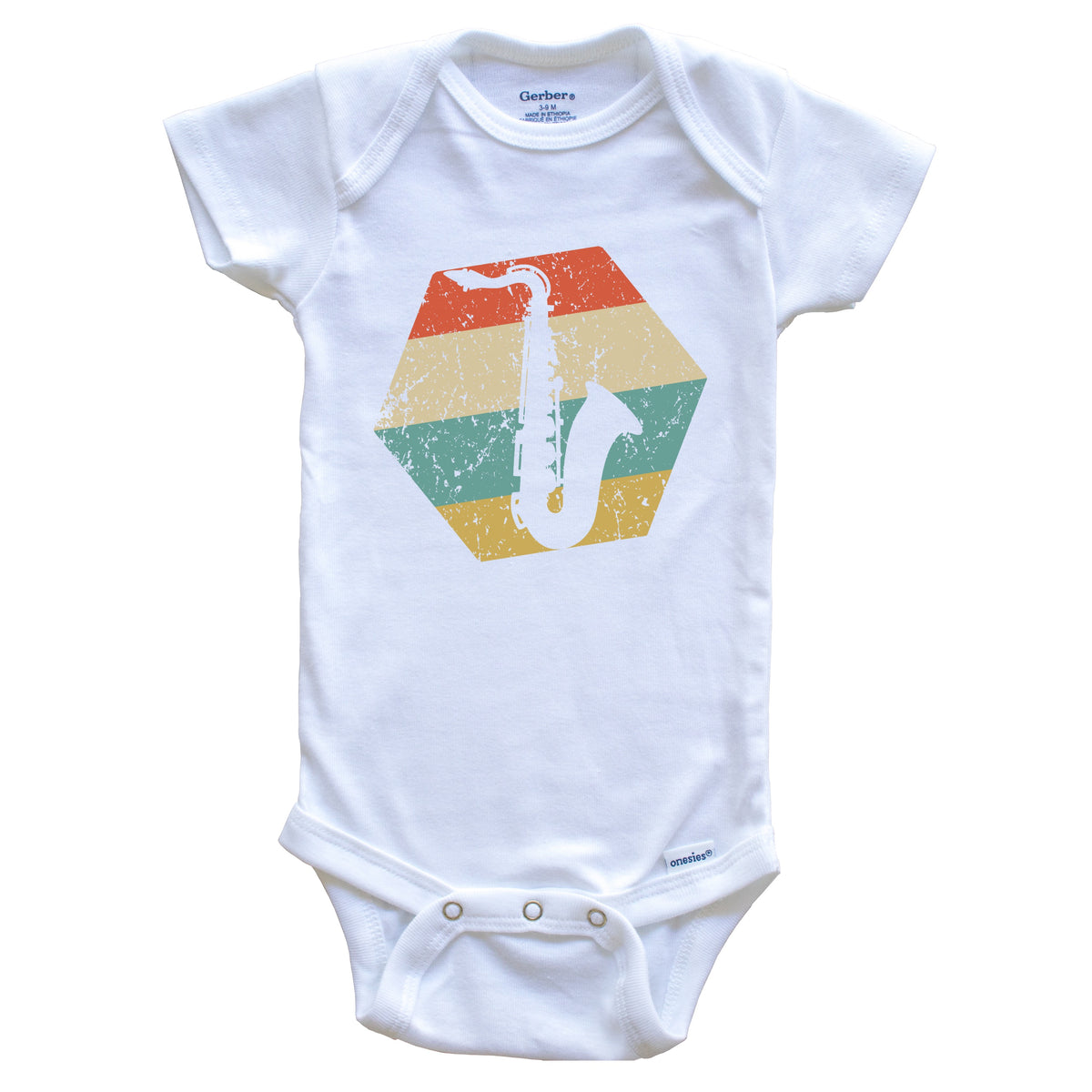 Saxophone Retro Distressed Hexagon Sax Player Baby Bodysuit