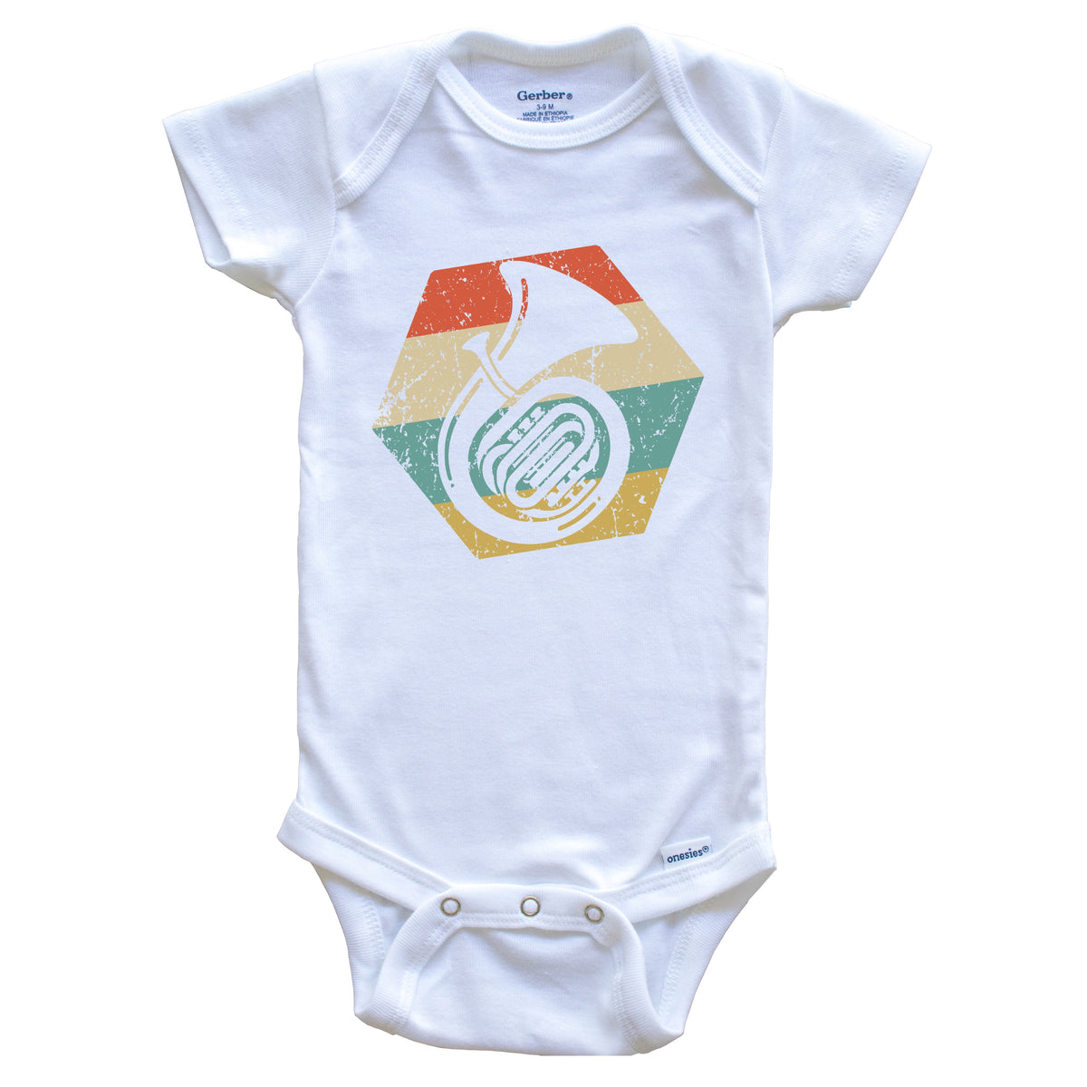 Tuba Retro Distressed Hexagon Musical Instrument Baby Bodysuit