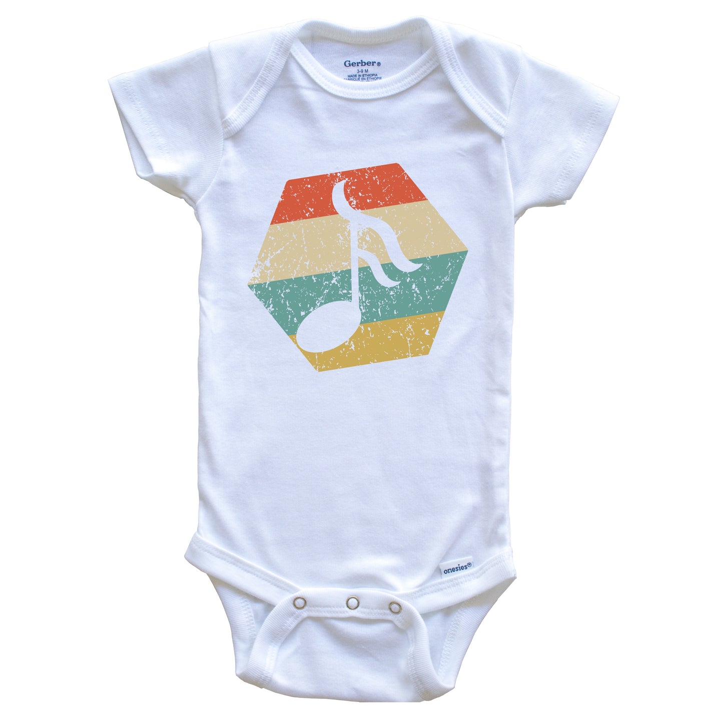 Music Note Retro Distressed Hexagon Sixteenth Note Baby Bodysuit