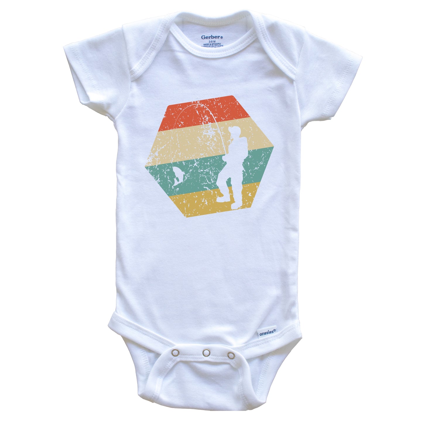 Fishing Retro Distressed Hexagon Fisherman Reeling in Fish Baby Bodysuit