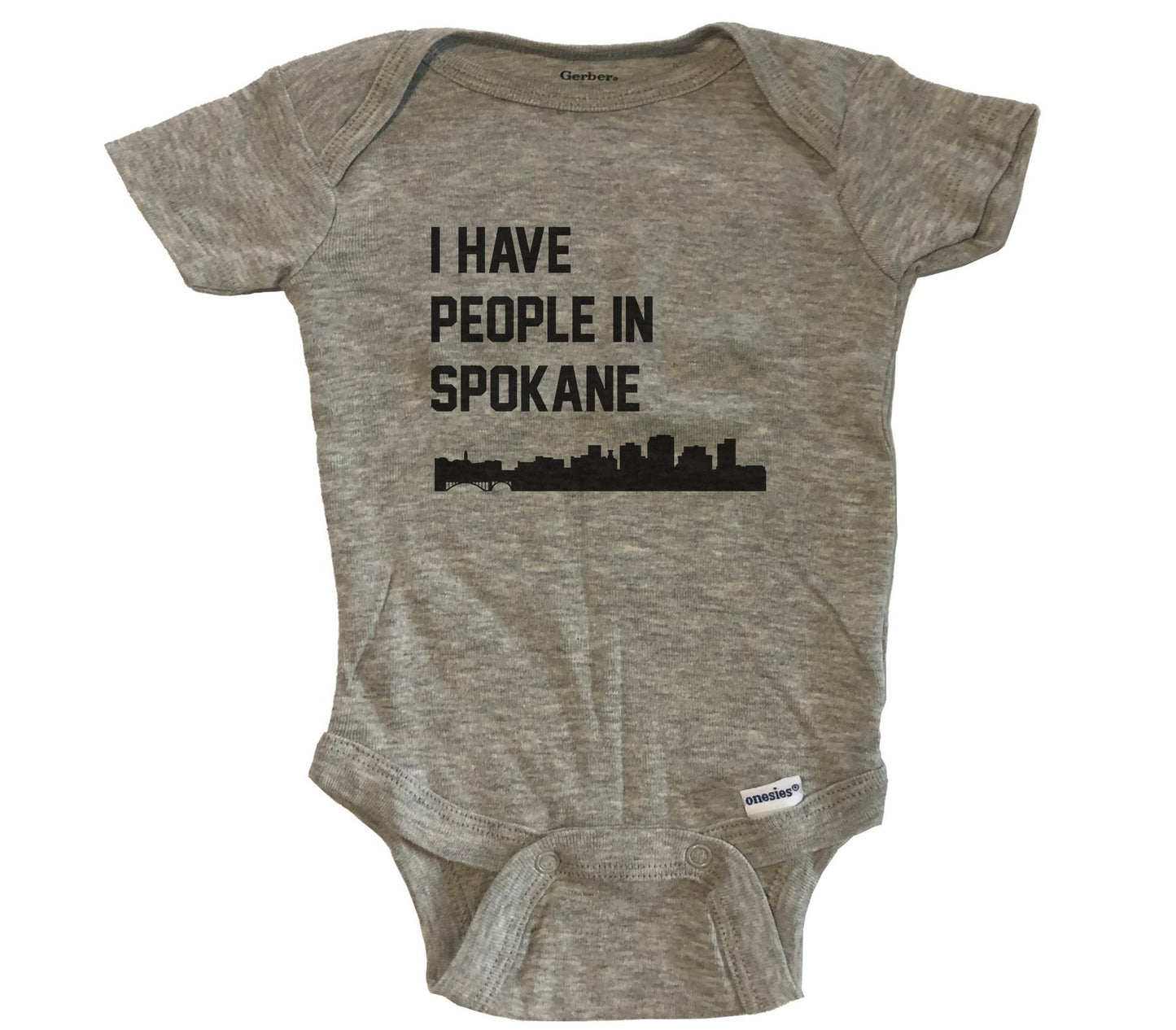 I Have People In Spokane Washington Skyline Baby Bodysuit - Grey