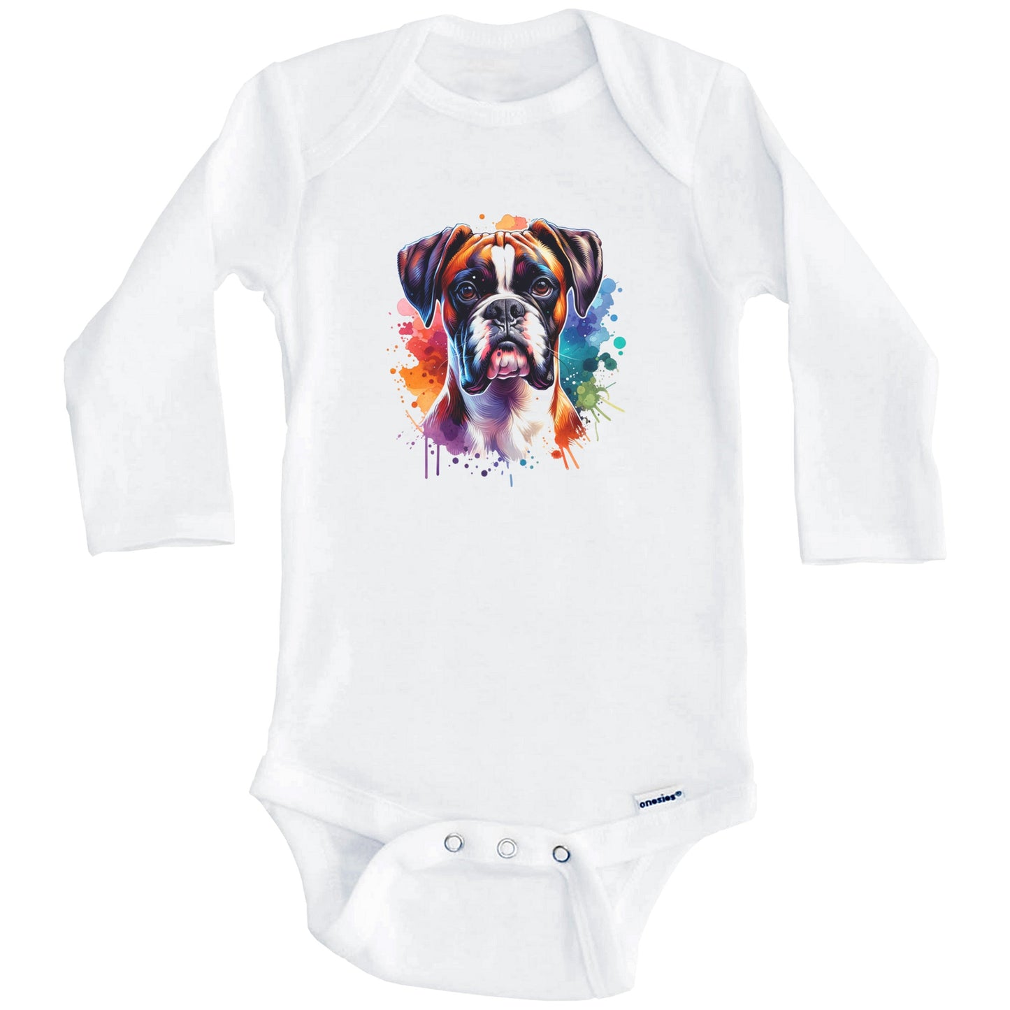 Boxer Rainbow Watercolor Portrait Dog Lover Baby Bodysuit - Boxer Baby Gift (Long Sleeves)