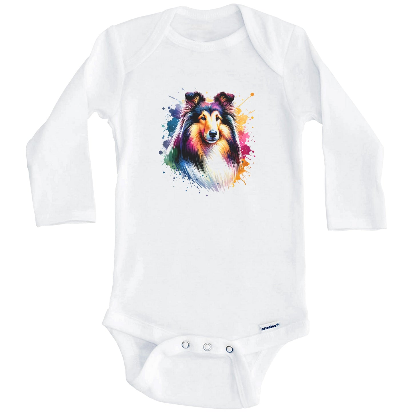 Collie Rainbow Watercolor Portrait Dog Lover Baby Bodysuit - Collie Baby Gift (Long Sleeves)