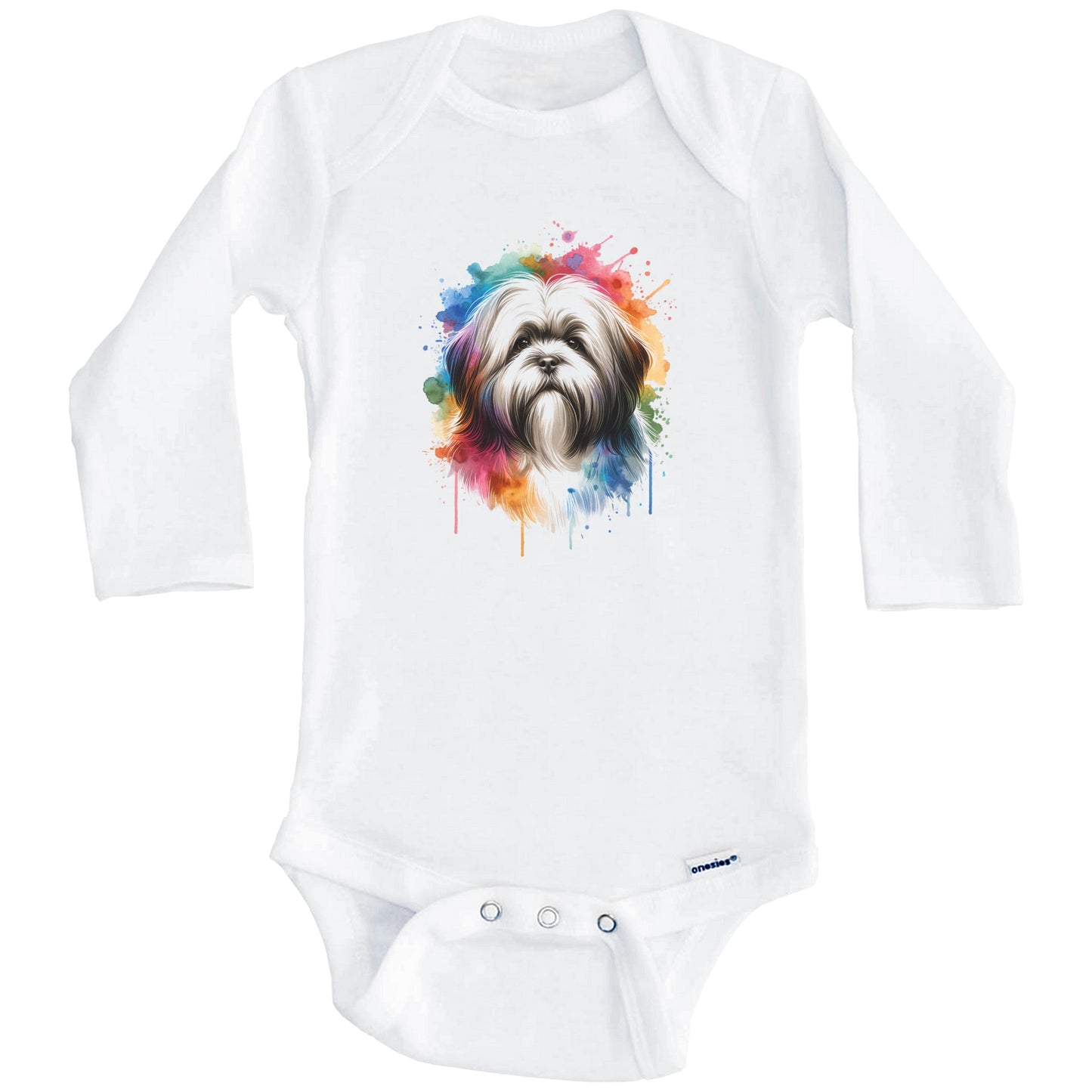 Lhasa Apso Rainbow Watercolor Portrait Dog Lover Baby Bodysuit - Lhasa Apso Baby Gift (Long Sleeves)