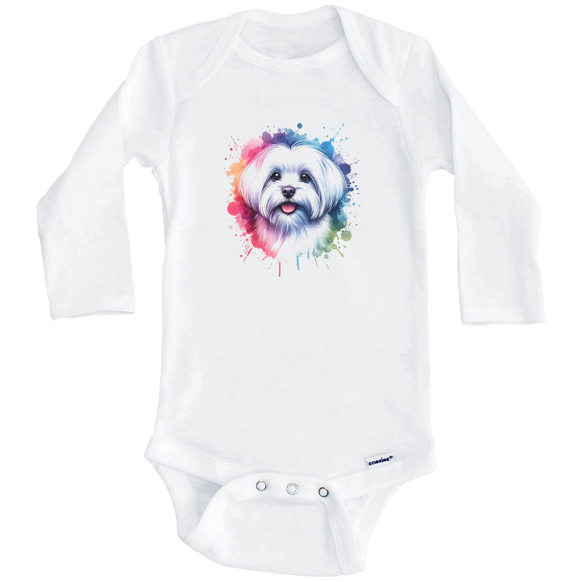 Maltese Rainbow Watercolor Portrait Dog Lover Baby Bodysuit - Maltese Baby Gift (Long Sleeves)