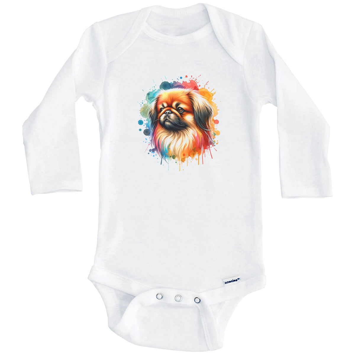 Pekingese Rainbow Watercolor Portrait Dog Lover Baby Bodysuit - Pekingese Baby Gift (Long Sleeves)