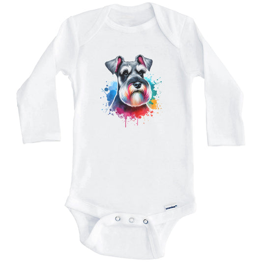 Schnauzer Rainbow Watercolor Portrait Dog Lover Baby Bodysuit - Schnauzer Baby Gift (Long Sleeves)