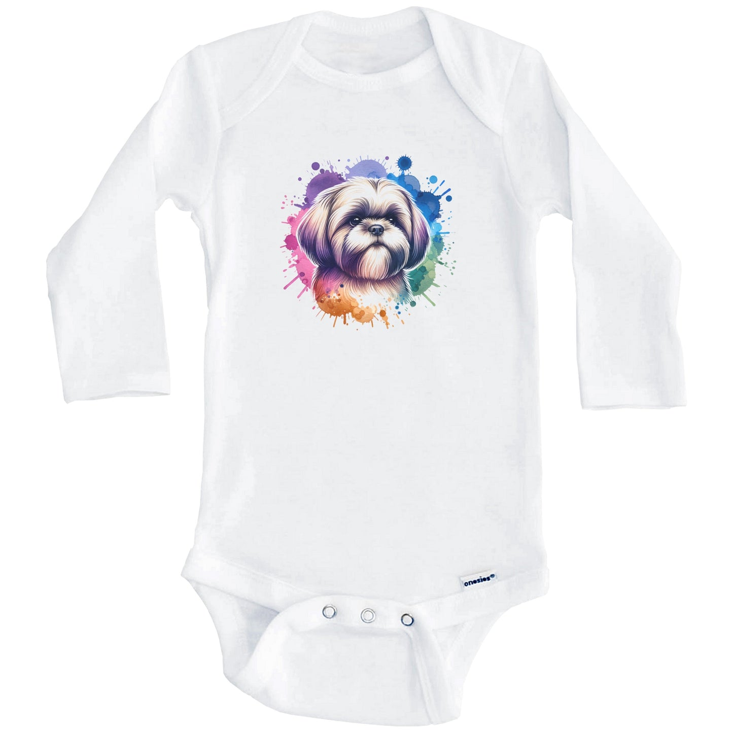 Shih Tzu Rainbow Watercolor Portrait Dog Lover Baby Bodysuit - Shih Tzu Baby Gift (Long Sleeves)