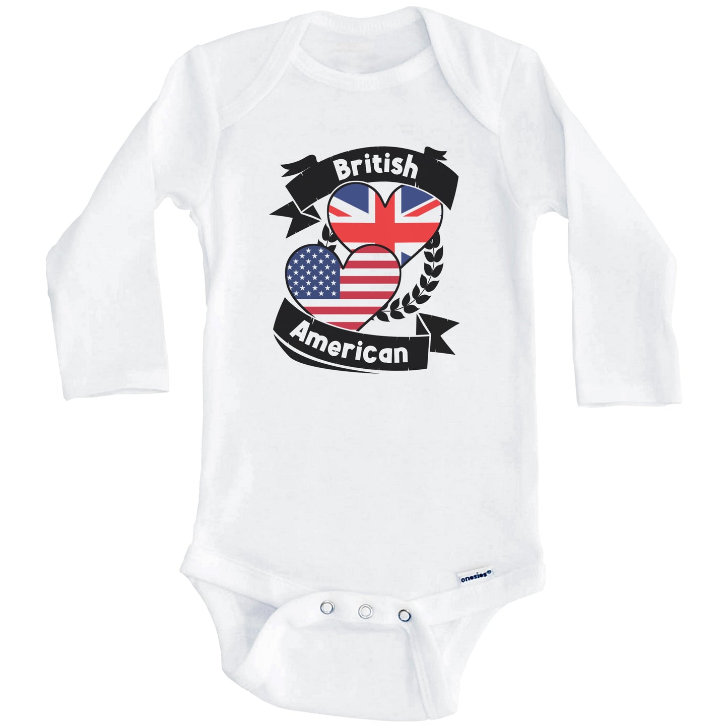 British American Hearts USA Flag United Kingdom UK Flag Baby Bodysuit (Long Sleeves)