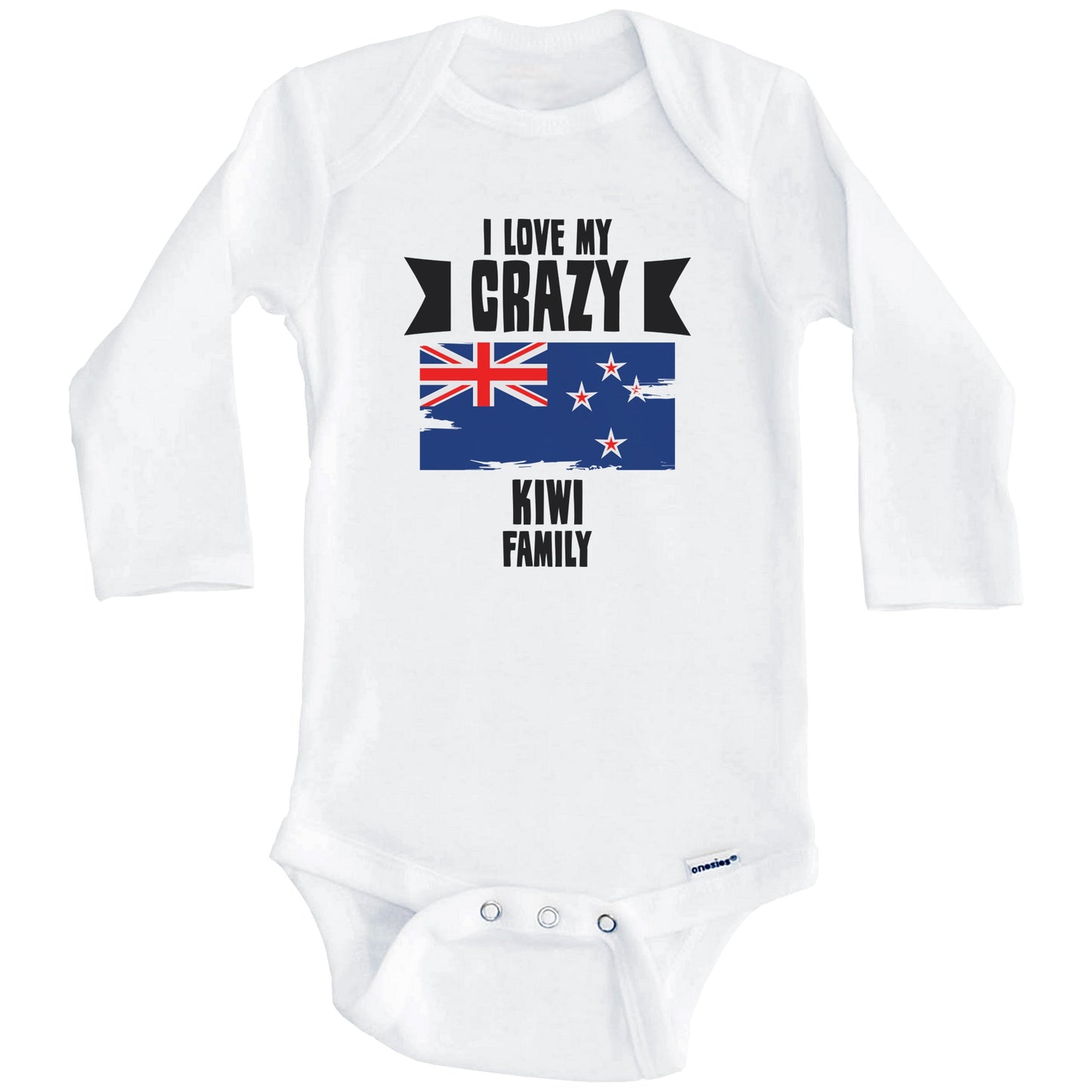 I Love My Crazy Kiwi Family Funny New Zealand Flag Baby Bodysuit (Long Sleeves)
