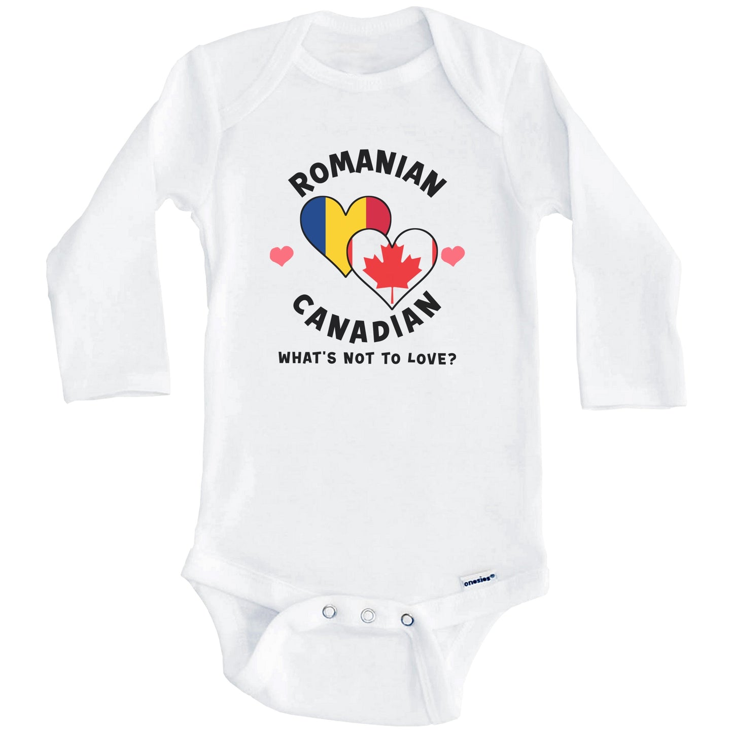 Romanian Canadian What's Not To Love Heart Flags Baby Bodysuit (Long Sleeves)