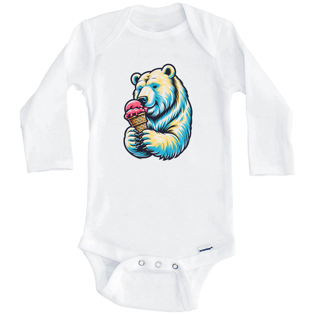 Polar Bear Eating Ice Cream Funny Cartoon Summer Baby Bodysuit (Long Sleeves)