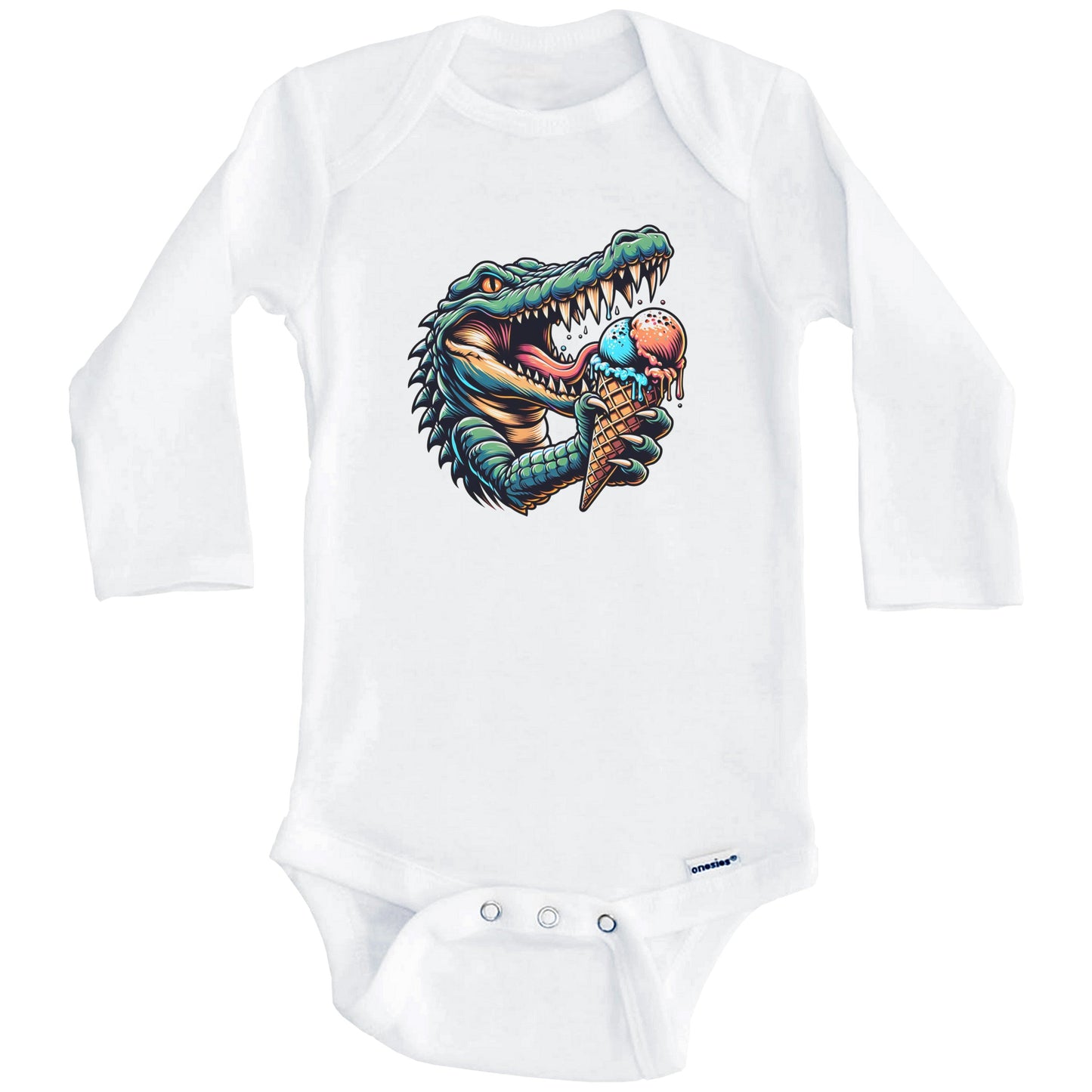 Alligator Eating Ice Cream Funny Cartoon Summer Baby Bodysuit (Long Sleeves)
