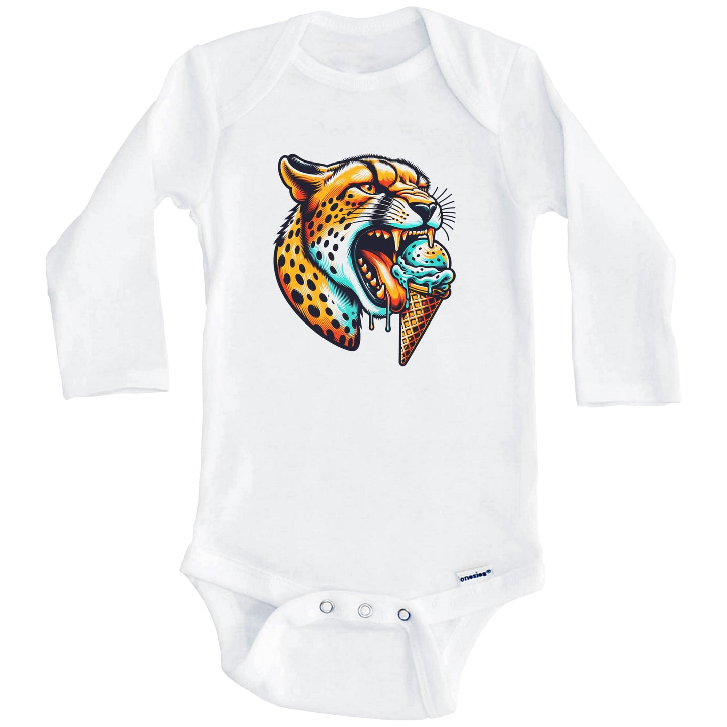 Cheetah Eating Ice Cream Funny Cartoon Summer Baby Bodysuit (Long Sleeves)