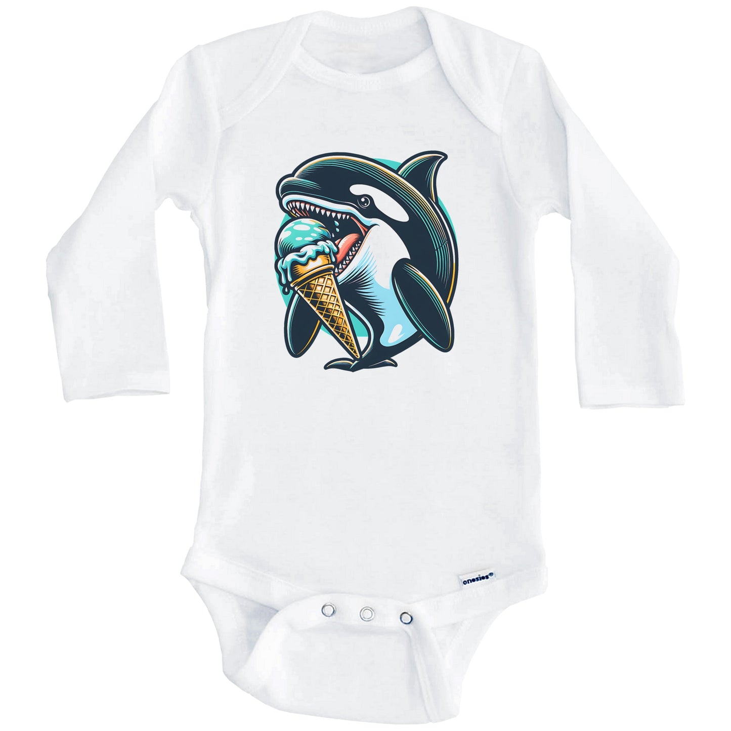 Orca Whale Eating Ice Cream Funny Cartoon Summer Baby Bodysuit (Long Sleeves)