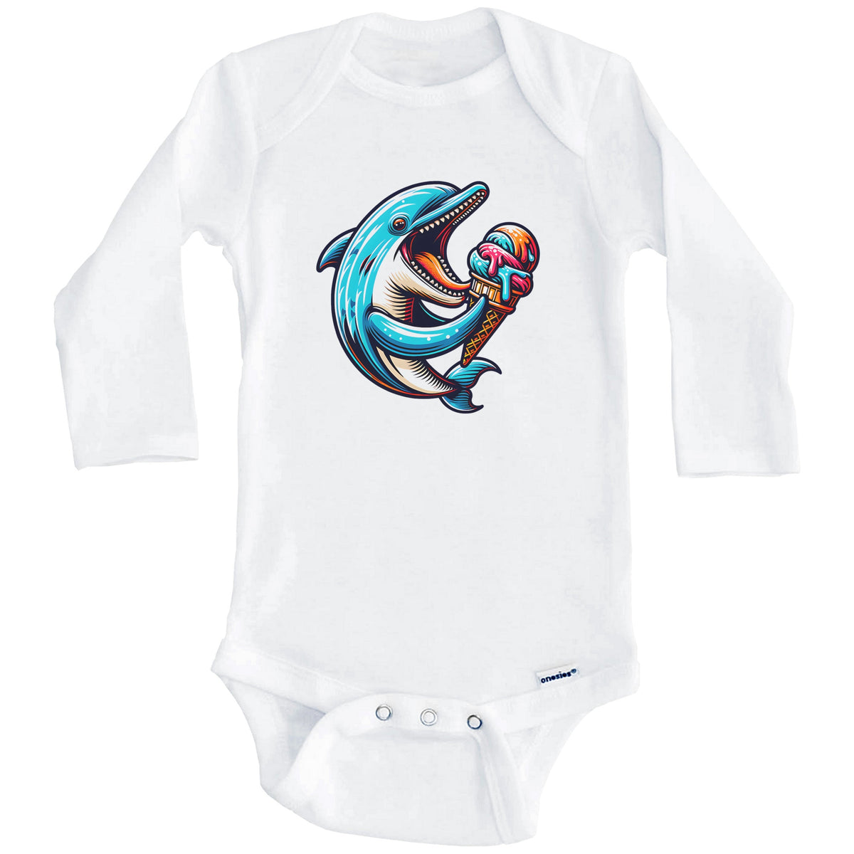 Dolphin Eating Ice Cream Funny Cartoon Summer Baby Bodysuit (Long Sleeves)