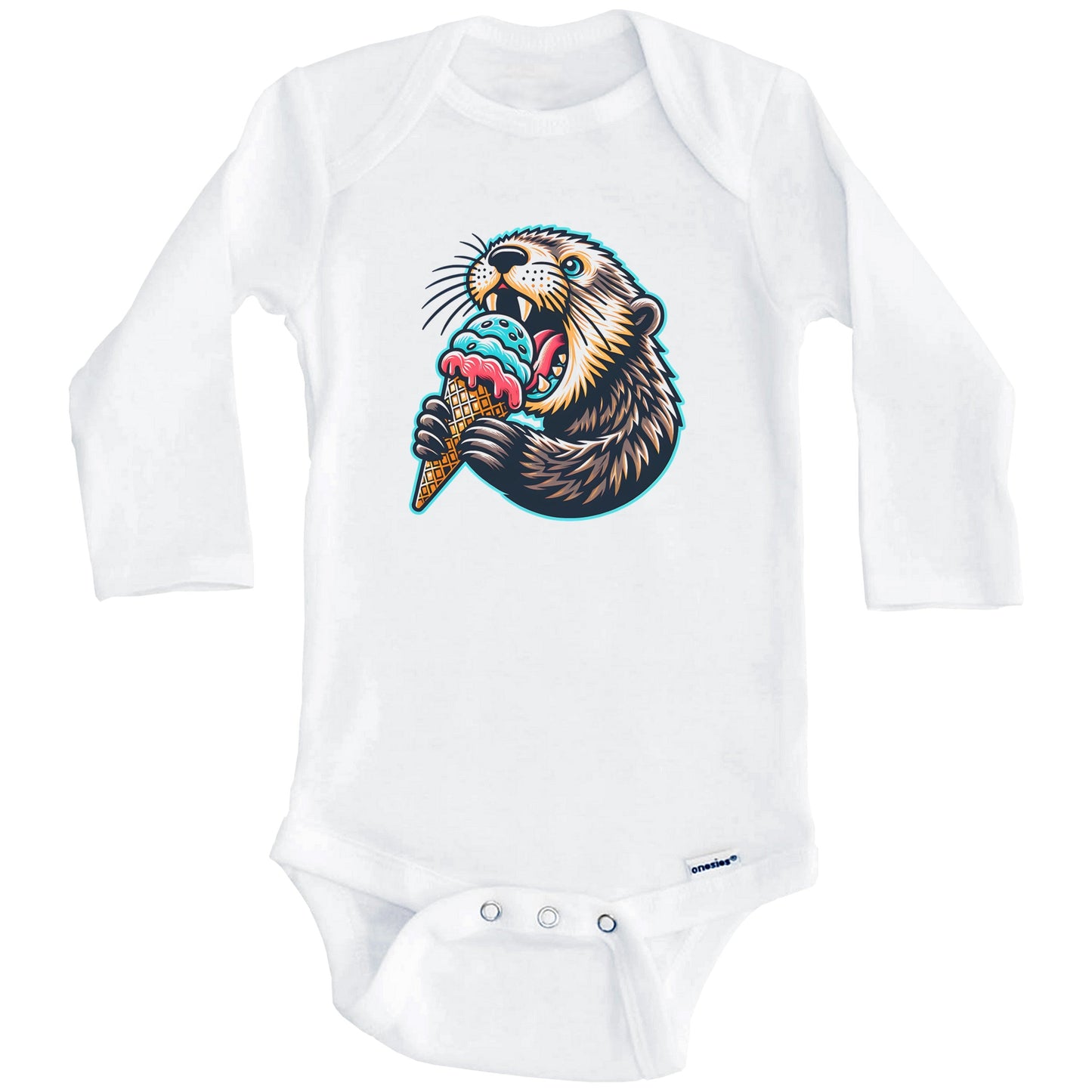 Sea Otter Eating Ice Cream Funny Cartoon Summer Baby Bodysuit (Long Sleeves)