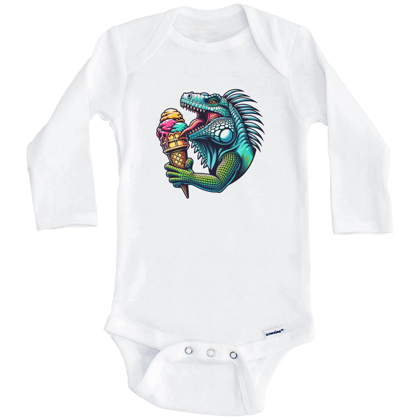 Iguana Eating Ice Cream Funny Cartoon Summer Lizard Baby Bodysuit (Long Sleeves)