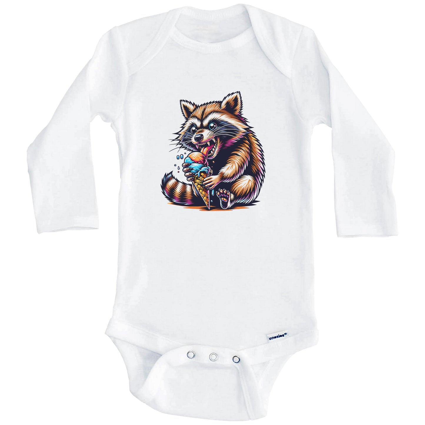 Raccoon Eating Ice Cream Funny Cartoon Summer Baby Bodysuit (Long Sleeves)