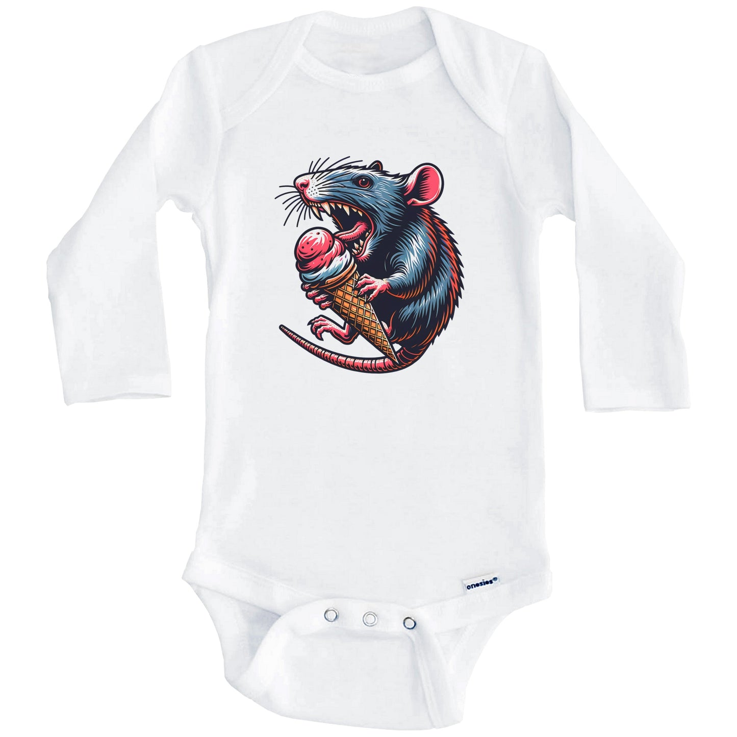 Rat Eating Ice Cream Funny Cartoon Summer Baby Bodysuit (Long Sleeves)