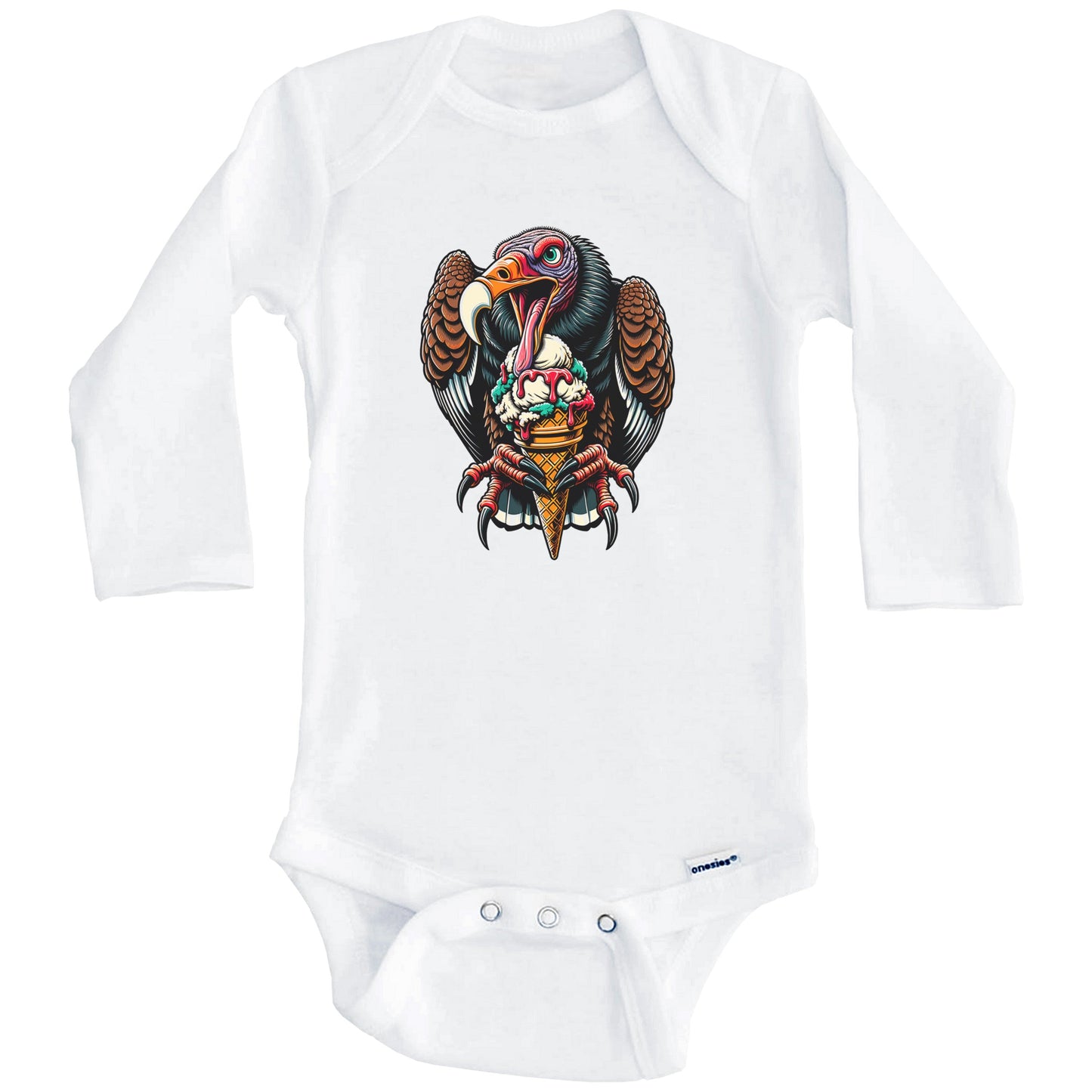 Turkey Vulture Eating Ice Cream Funny Cartoon Summer Baby Bodysuit (Long Sleeves)