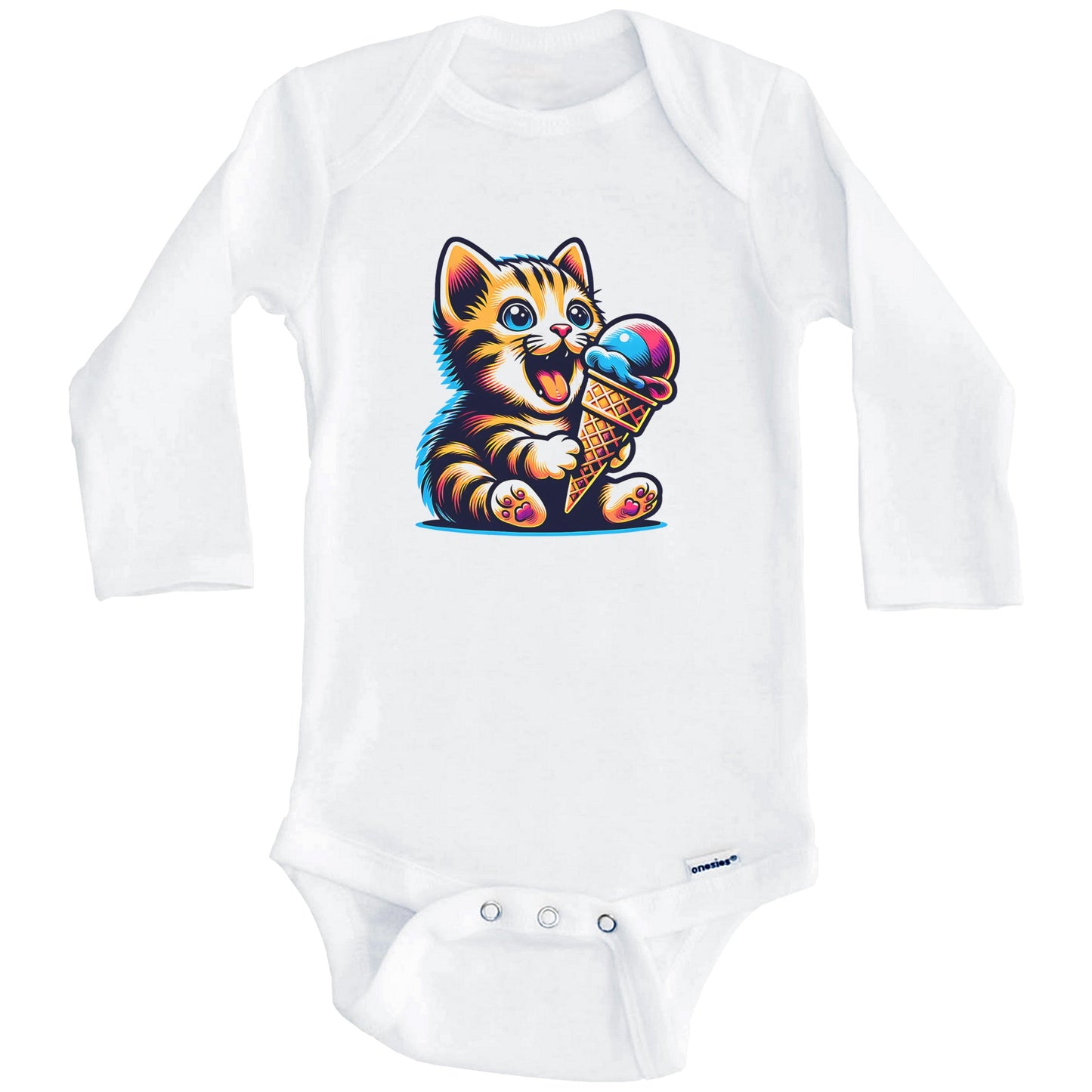 Kitten Eating Ice Cream Funny Cartoon Summer Cat Baby Bodysuit (Long Sleeves)