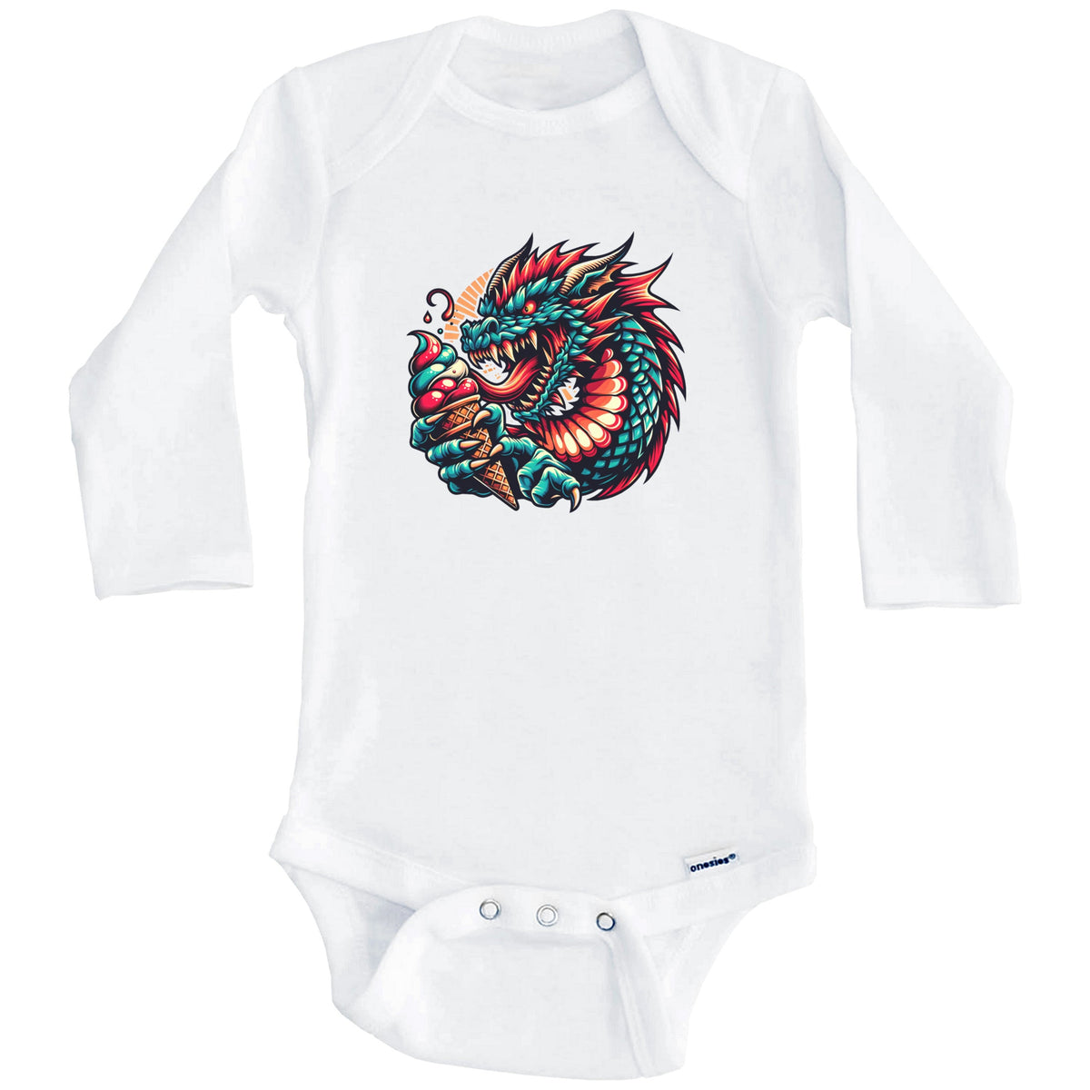 Dragon Eating Ice Cream Funny Cartoon Summer Baby Bodysuit (Long Sleeves)