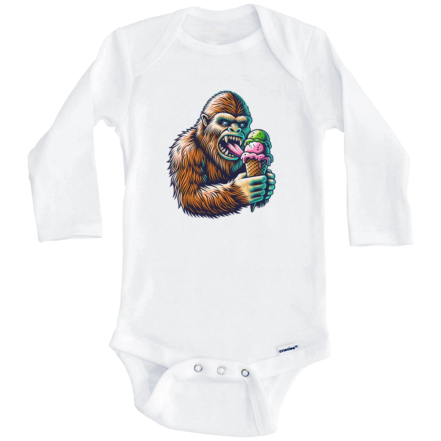 Bigfoot Eating Ice Cream Funny Cartoon Summer Sasquatch Baby Bodysuit (Long Sleeves)