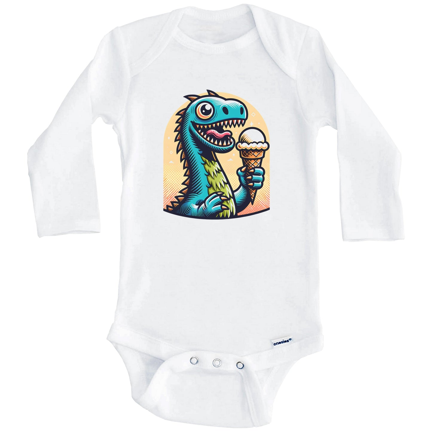 Loch Ness Monster Eating Ice Cream Funny Cartoon Summer Baby Bodysuit (Long Sleeves)