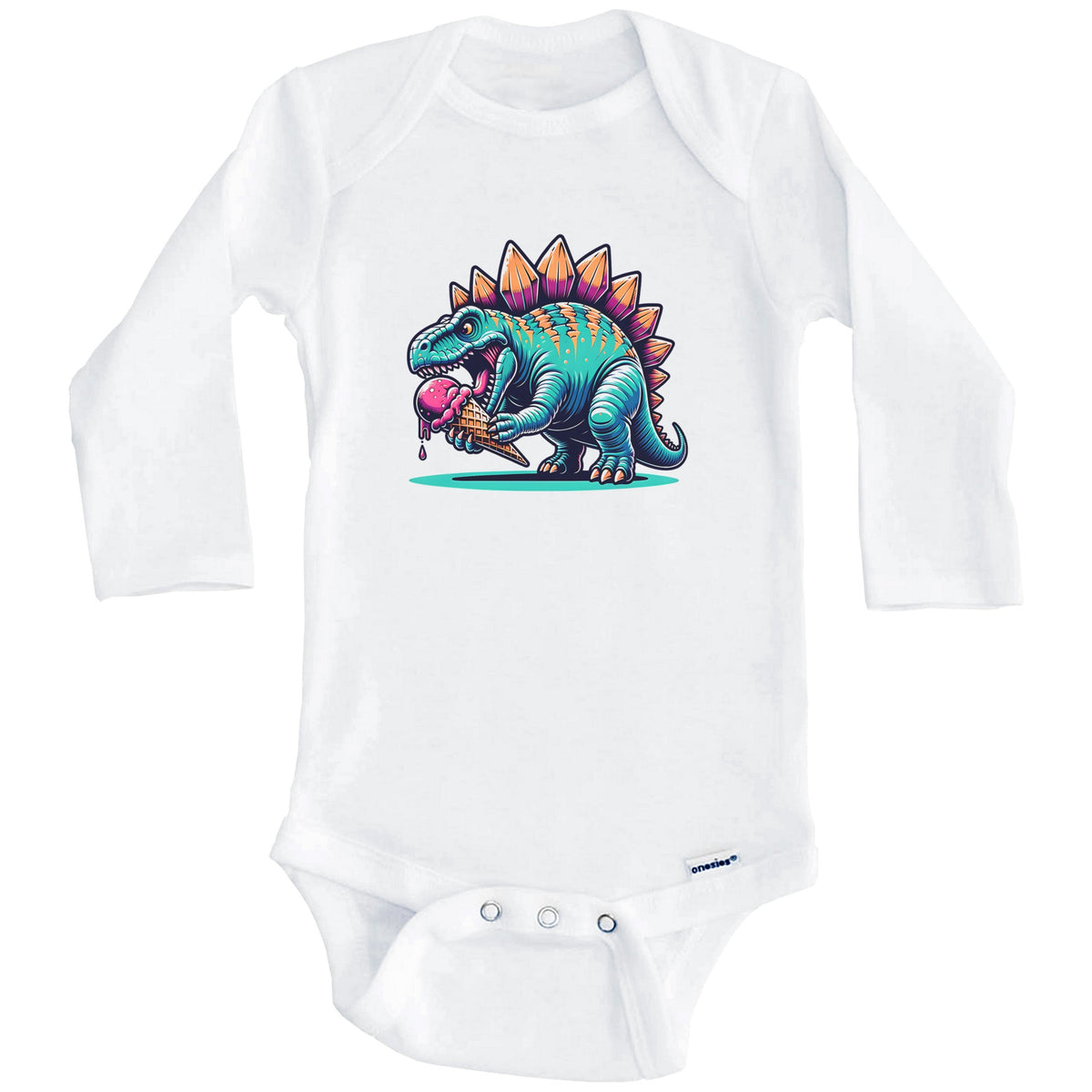 Stegosaurus Eating Ice Cream Funny Cartoon Summer Dinosaur Baby Bodysuit (Long Sleeves)