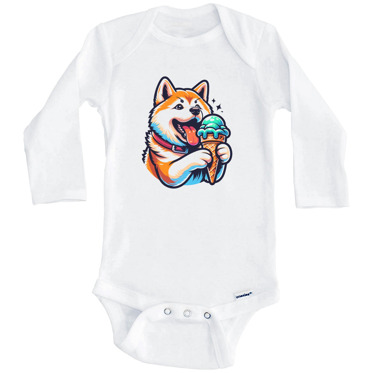 Akita Inu Eating Ice Cream Cone Cute Dog Baby Bodysuit (Long Sleeves)