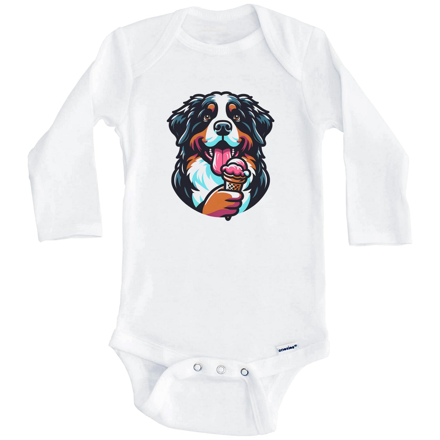 Bernese Mountain Dog Eating Ice Cream Cone Cute Dog Baby Bodysuit (Long Sleeves)