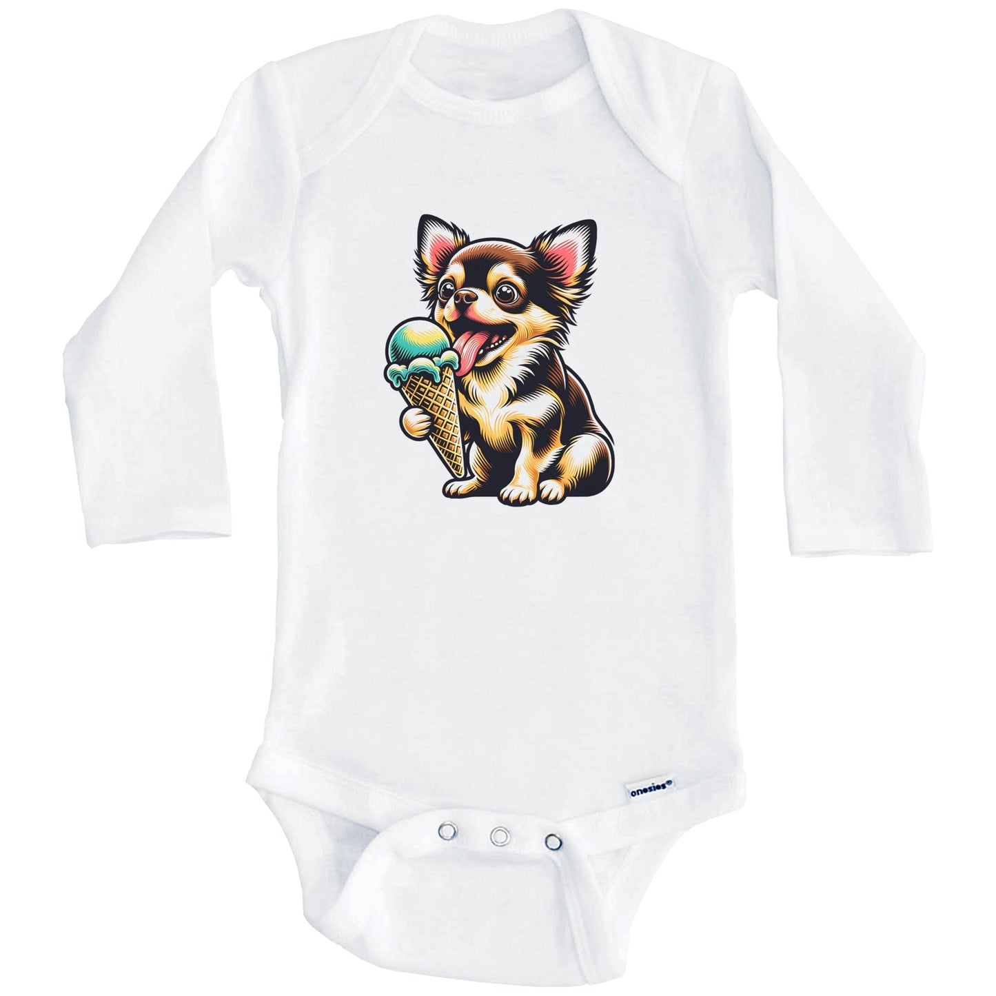 Chihuahua Eating Ice Cream Cone Cute Dog Baby Bodysuit (Long Sleeves)