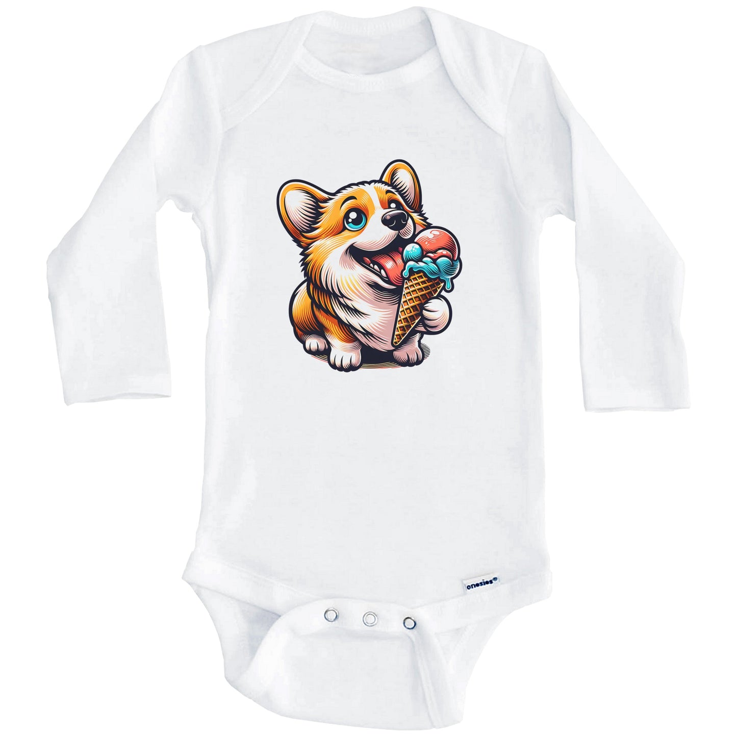 Corgi Eating Ice Cream Cone Cute Dog Baby Bodysuit (Long Sleeves)