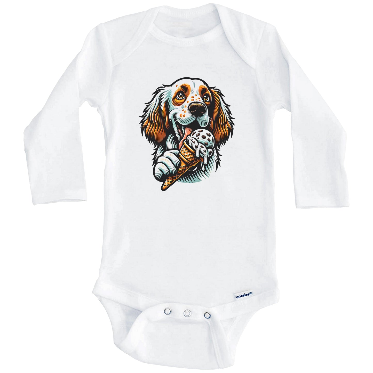 English Setter Eating Ice Cream Cone Cute Dog Baby Bodysuit (Long Sleeves)