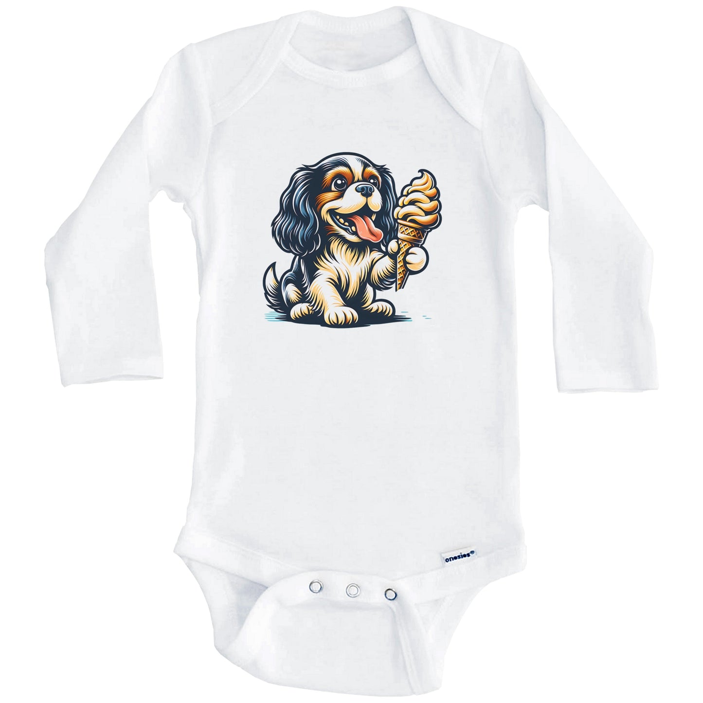 King Charles Spaniel Eating Ice Cream Cone Cute Dog Baby Bodysuit (Long Sleeves)