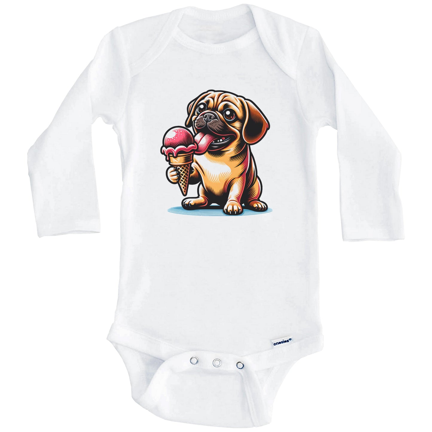 Puggle Eating Ice Cream Cone Cute Dog Baby Bodysuit (Long Sleeves)