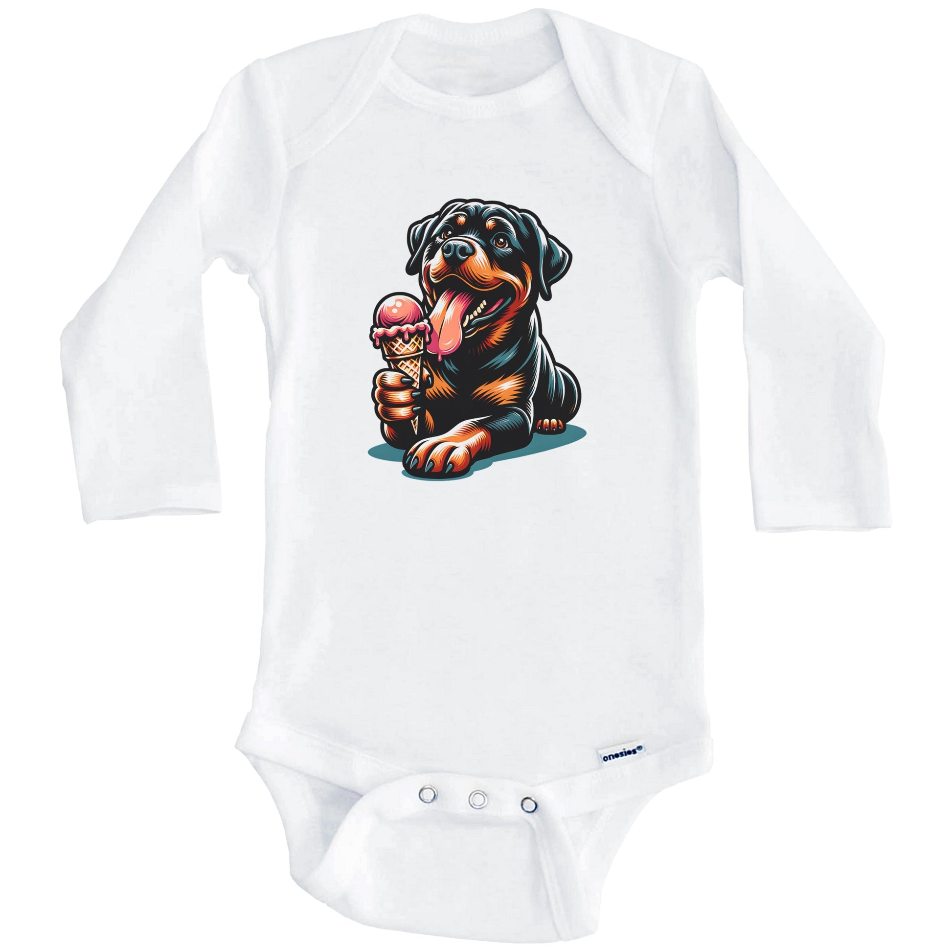 Rottweiler Eating Ice Cream Cone Cute Dog Baby Bodysuit (Long Sleeves)