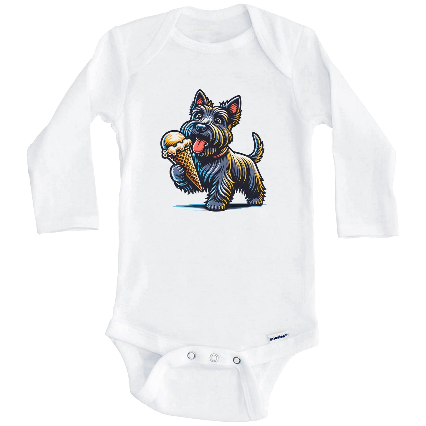 Scottish Terrier Eating Ice Cream Cone Cute Dog Baby Bodysuit (Long Sleeves)