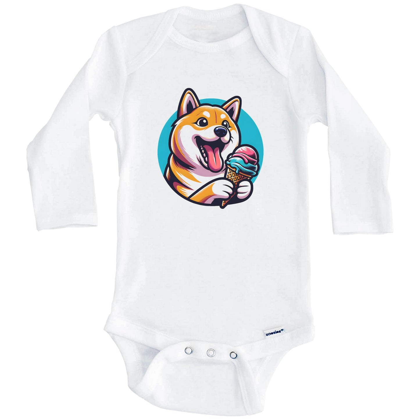 Shiba Inu Eating Ice Cream Cone Cute Dog Baby Bodysuit (Long Sleeves)